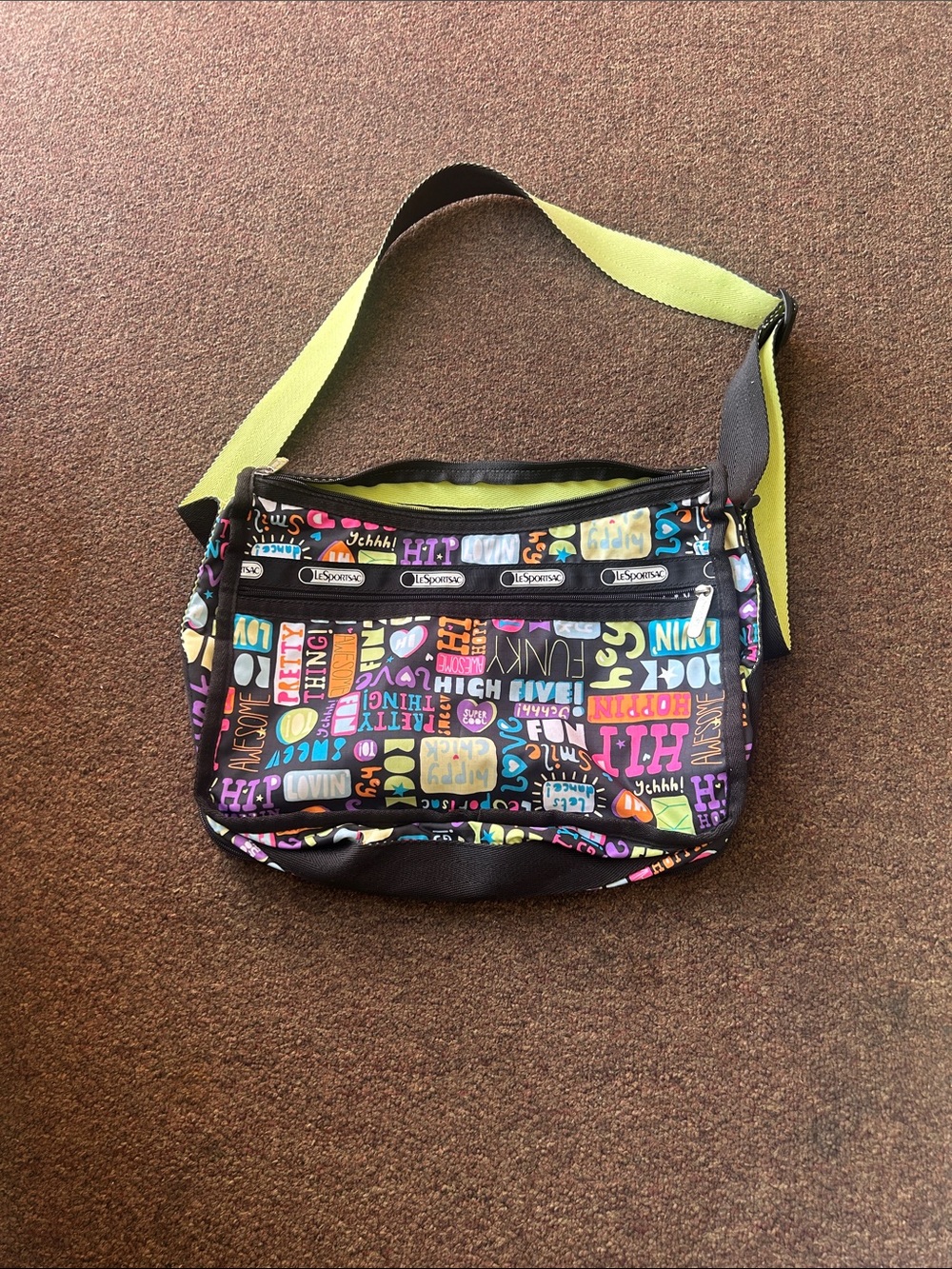 Vintage LeSportsac Black Multi Graphic Crossbody Bag with Lime Strap